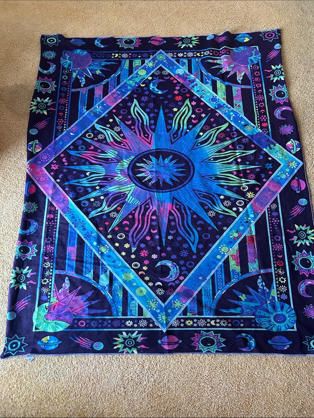 Celestial Sun & Moon Wall Tapestry - Blue Purple Boho Print 4’x5’